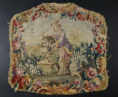 null . Deux dossiers de sièges en tapisserie au Chinois, époque Louis XV, tapisserie...