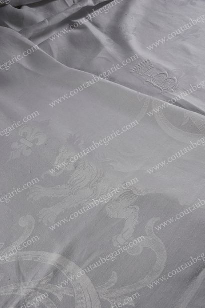 null . Cotton damask floral tablecloth, embroidered numeral under count's crown,...