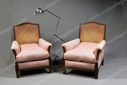 null PAIR OF LARGE CHAIRS.
Rectangular shape, in stained wood with carved floral...