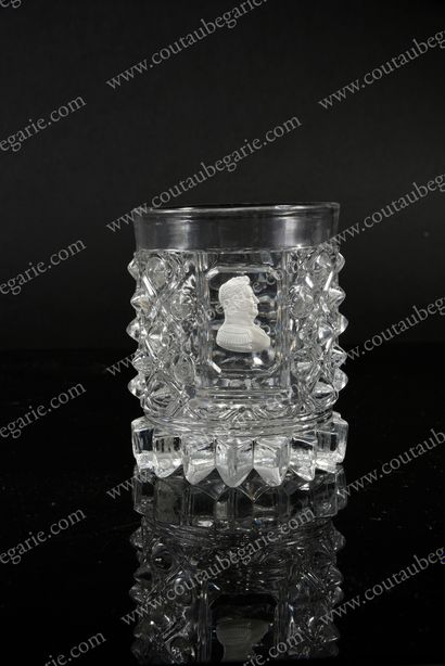 null CRYSTAL GOBLET. 
 Cylindrical shape, cut with large diamond points, decorated...