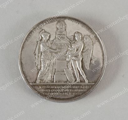 null BIRTH OF THE DUKE OF BORDEAUX. 
 Commemorative silver medal, signed Jean-Bertrand...