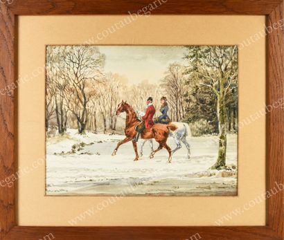 École Française du XIXe siècle 
The Duke and Duchess of Chartres on horseback.
Watercolour...