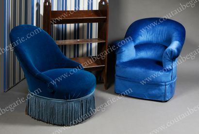 null SALON SET.
Including a blue velvet armchair and a blue velvet toadstool and...
