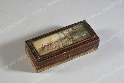 null OFFICE STAMP BOX. 
 Rectangular shape, hinged lid decorated under glass with...