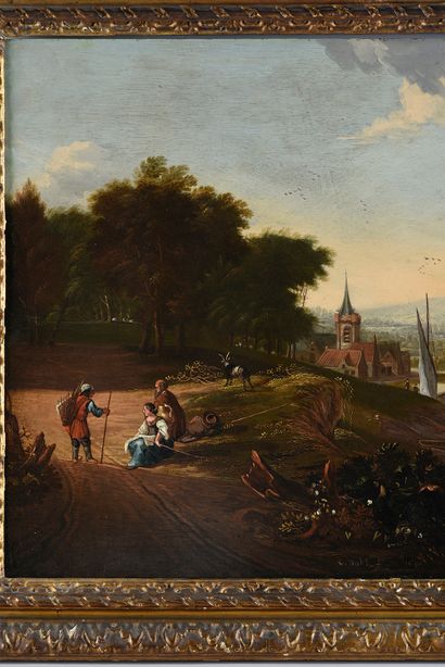Adriaen VERDOEL (vers 1620-ap.1692) 
Paysans près d'un fleuve
Panneau de chêne deux...
