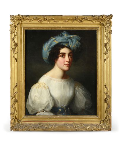 École Française du XIXe siècle 
Portrait de femme au turban bleu
Toile et châssis...