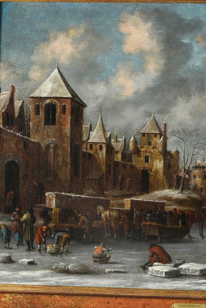 Thomas HEEREMANS (Haarlem vers 1640-1697) 
Couple de patineurs sur une rivière gelée
Toile
60...