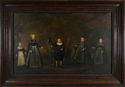 Ecole Hollandaise vers 1620 
Portraits de famille dans un paysage
Panneau de chêne...