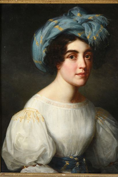 École Française du XIXe siècle 
Portrait of a woman with a blue turban
Original canvas...