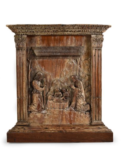 Italie du Nord, début du XVIe siècle 
Adoration des anges
Panneau en noyer sculpté...
