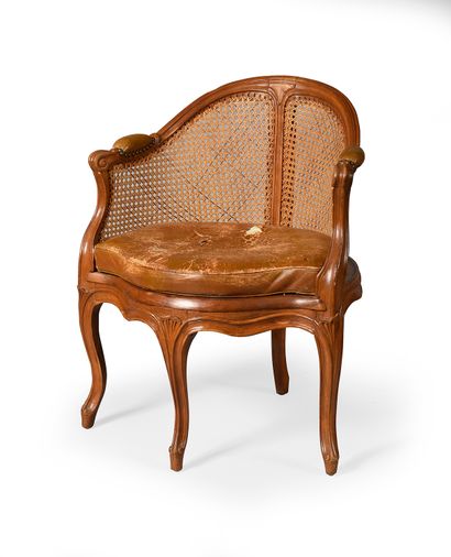 Caned desk armchair in natural moulded wood,...