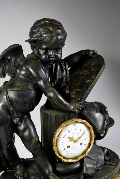 Jean-François DENIERE (1775 - 1866) 
Important chased bronze clock, patinated and...