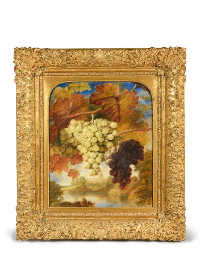 George LANCE (1802 - 1864) 
Raisin blanc et rouge sur un fond de paysage.
Aquarelle...
