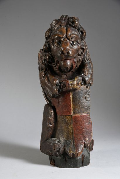 Hollande, XVIIe siècle 
Lion de rampe d'escalier
En chêne sculpté en ronde-bosse...