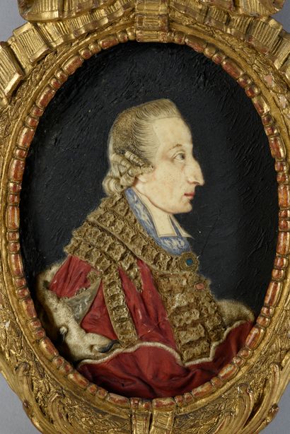 ECOLE DU XVIIIe SIÈCLE 
Wax profile of Charles de VELBRÜCK.
(crack)
Carved and gilded...