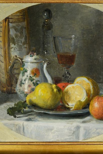 Adolphe Félix CALS (Paris 1810 - Honfleur 1880) 
Still life of fruit, teapot and...