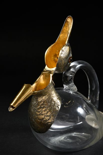 null Duck pourer in blown crystal, the head and tail in 925th vermeil finely regraved;...
