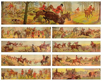 Emile CHARLET (1851-1910) Rare frise de chasse, composée de neuf panneaux, sur lesquels...