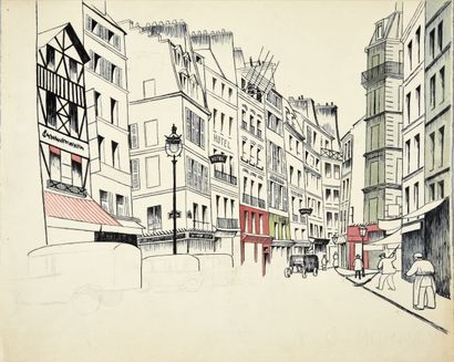 LEBEDEFF, Jean (1884 - 1972) Illustration Paris, la rue au balayeur. 

Encre, crayon,...