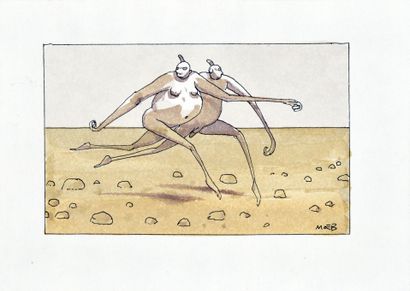 MOEBIUS, Jean GIRAUD dit (1938–2012) The race. Illustration in India ink and brown... Gazette Drouot