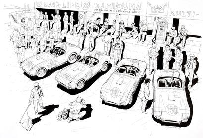PAPAZOGLAKIS, Christian (1969) Illustration : l'équipe Shelby à la Targa Florio 1964.

Encre...