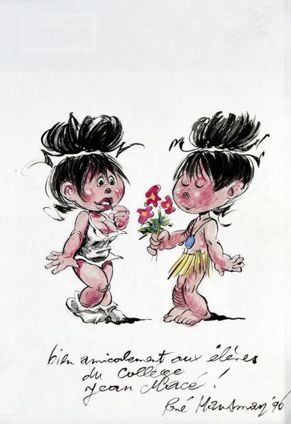 HAUSMAN, René (1936-2016) Saki et Zunie, illustration dédicacée encre de Chine et...