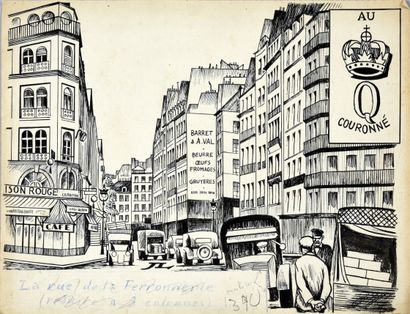 LEBEDEFF, Jean (1884 - 1972) LES VUES DE Paris. La rue de la ferronerie. 

Encre...