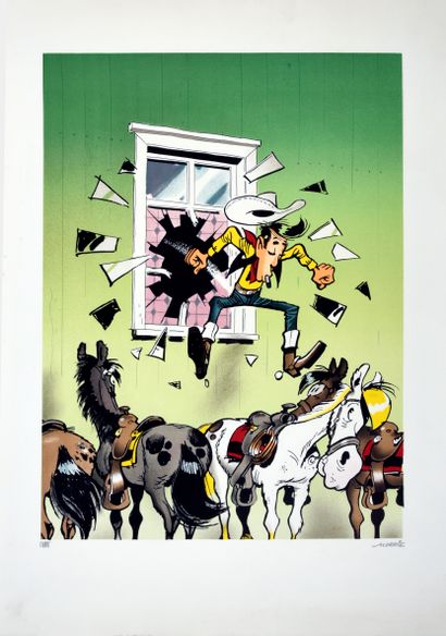 MORRIS 
Lucky Luke sautant sur Jolly Jumper.




Sérigraphie sur papier Velin d'...