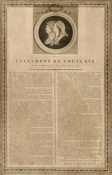 null Publication du testament du roi Louis XVI, surmonté d'un médaillon aux profils...