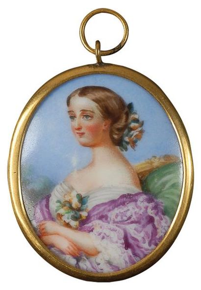 null Eugénie, impératrice des Français (1853-1870). Médaillon miniature pendentif...
