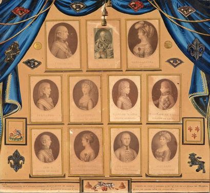 null Famille royale d'Espagne. Panneau composé de onze gravures représentant les...