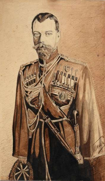 Ecole russe du début du XXème siècle Portrait de l'empereur Nicolas II en tenue d'ataman...
