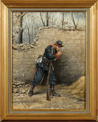 GUYOT J. (école française du XXème siècle) Soldat fumant derrière un mur. Huile sur...