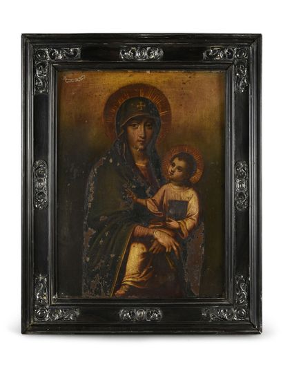 ÉCOLE ROMAINE VERS 1800 
Virgin of Santa Maria Maggiore
Copper
Frame : ebony veneer...
