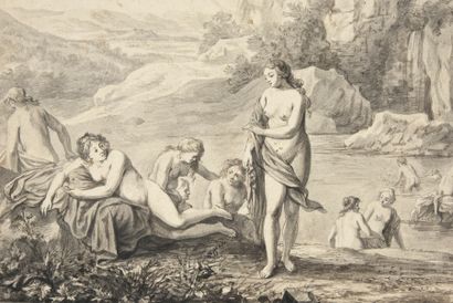 Atelier de Cornelis van POELENBURGH (1594-1667) 


Diane au bain, dans un paysage...