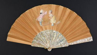 null Children's games, circa 1880
Folded fan, the leaf in golden silk painted with...