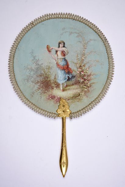 null La vie de bohème, circa 1890
Pair of hand screens, circular, in sky blue silk,...