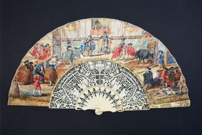 null The Bullfight, circa 1750
Rare folded fan, the double sheet of paper, mounted...