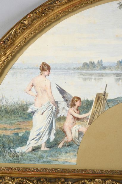 null L'Amour peintre, vers 1899
Feuille d'éventail non pliée, en peau, peinte d'une...