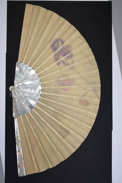 null The irises, circa 1890
Folded fan, the silk leaf painted with purple irises...