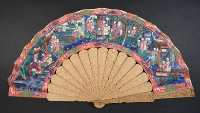 null Views of terraces, China, 19th century Folded fan, the double sheet of gouache-painted...