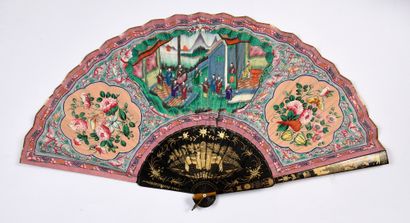  Scène de cour, Chine, XIXe siècle Grand éventail, la feuille double en papier peint...