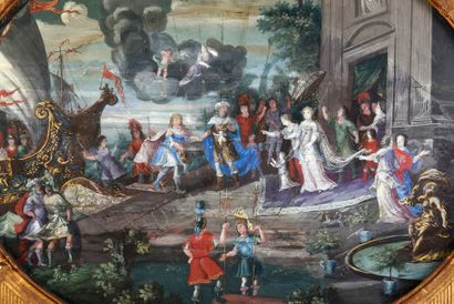 null Cléopâtre et César, vers 1680-1700
Feuille d'éventail, peinte à la gouache,...