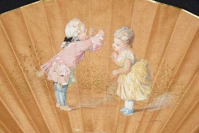 null Children's games, circa 1880
Folded fan, the leaf in golden silk painted with...