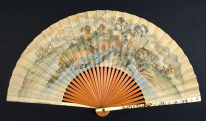 null The water mill, Japan, circa 1900
Folded fan, the double silk leaf painted with...