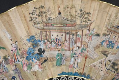null Dignitaire au jardin, Chine, Qing dynastie, XVIIIe siècle Éventail plié, la...