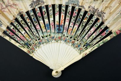 null Chinese merchants, early 18th century Folded fan, the double sheet of engraved...