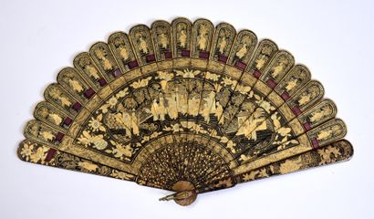 null Letters in the garden, China, early 19th century Black lacquered bamboo fan...