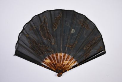 null Moths, circa 1900
Original folded fan, balloon shape, the black gauze leaf painted...