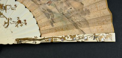 null The carps, Japan, circa 1890
Fan, the double silk painted leaf of a fisherman...
